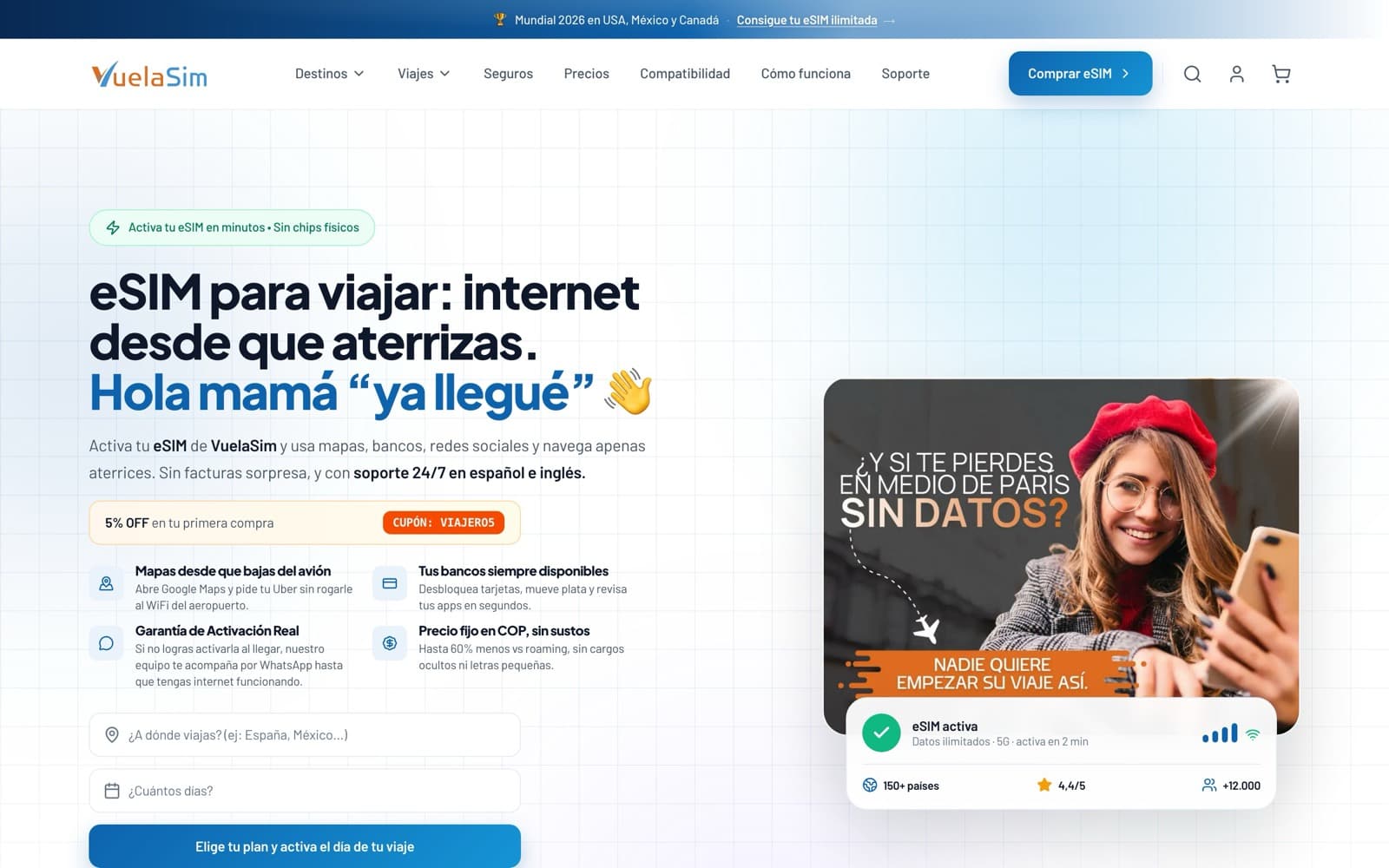Sitio web de VuelaSim — eSIM para viajeros · +150 países